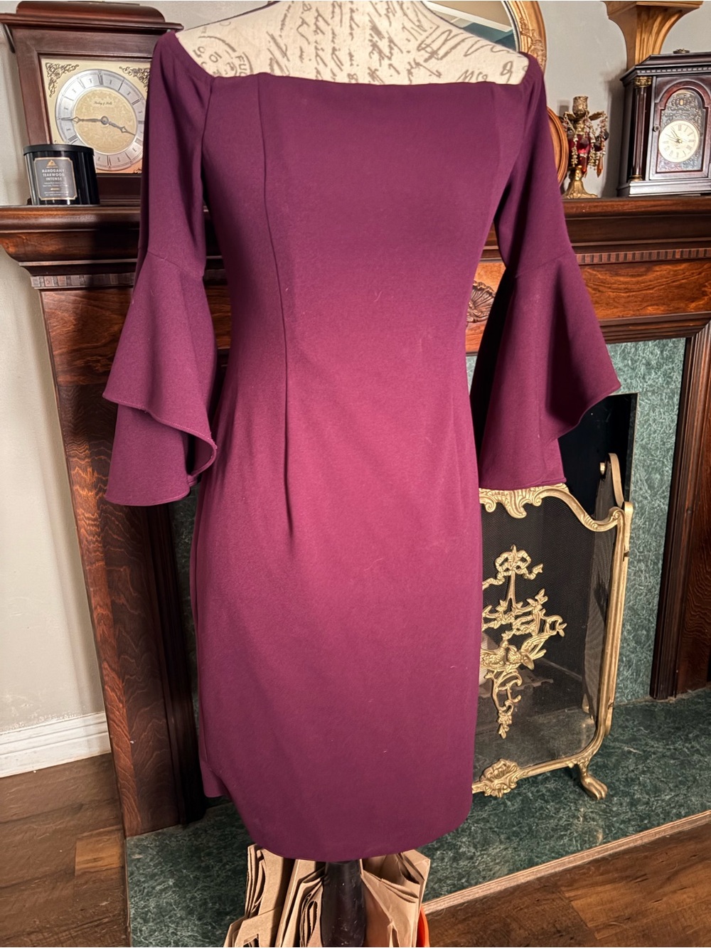 Calvin Klein Off-Shoulder Burgundy Midi Dress with Bell Sleeves